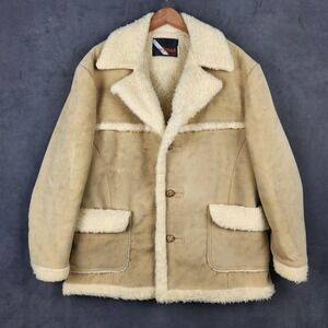 Vintage Wiman Jacket Mens Large Tan Sherpa Lined Faux Suede Western Coat 70s